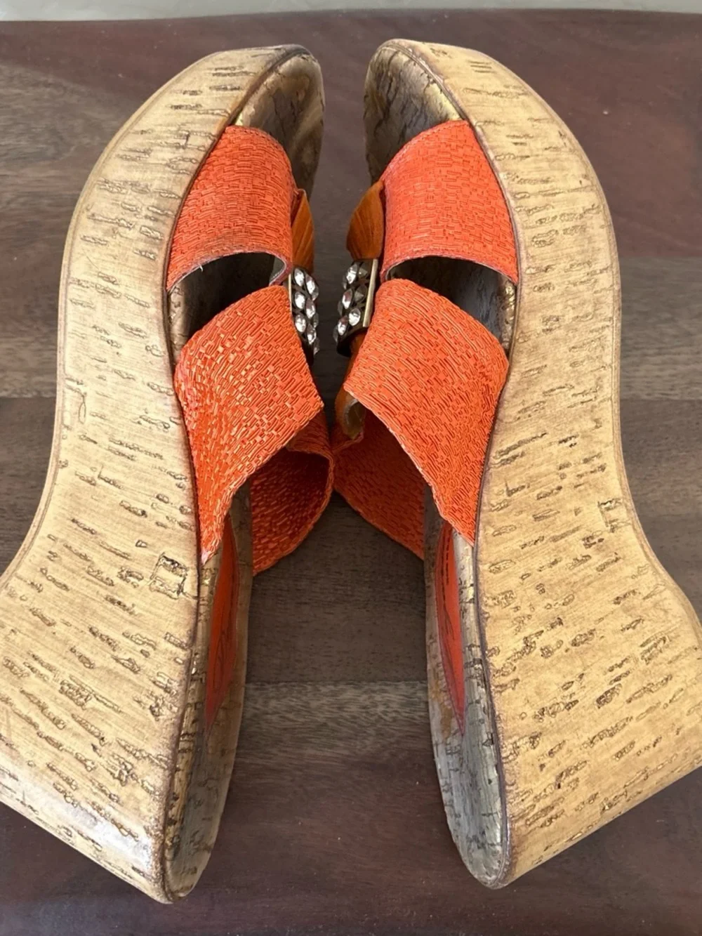 Vintage Degario Women's Orange Platform Wedge Slides with Rhinestone 8.5 USA